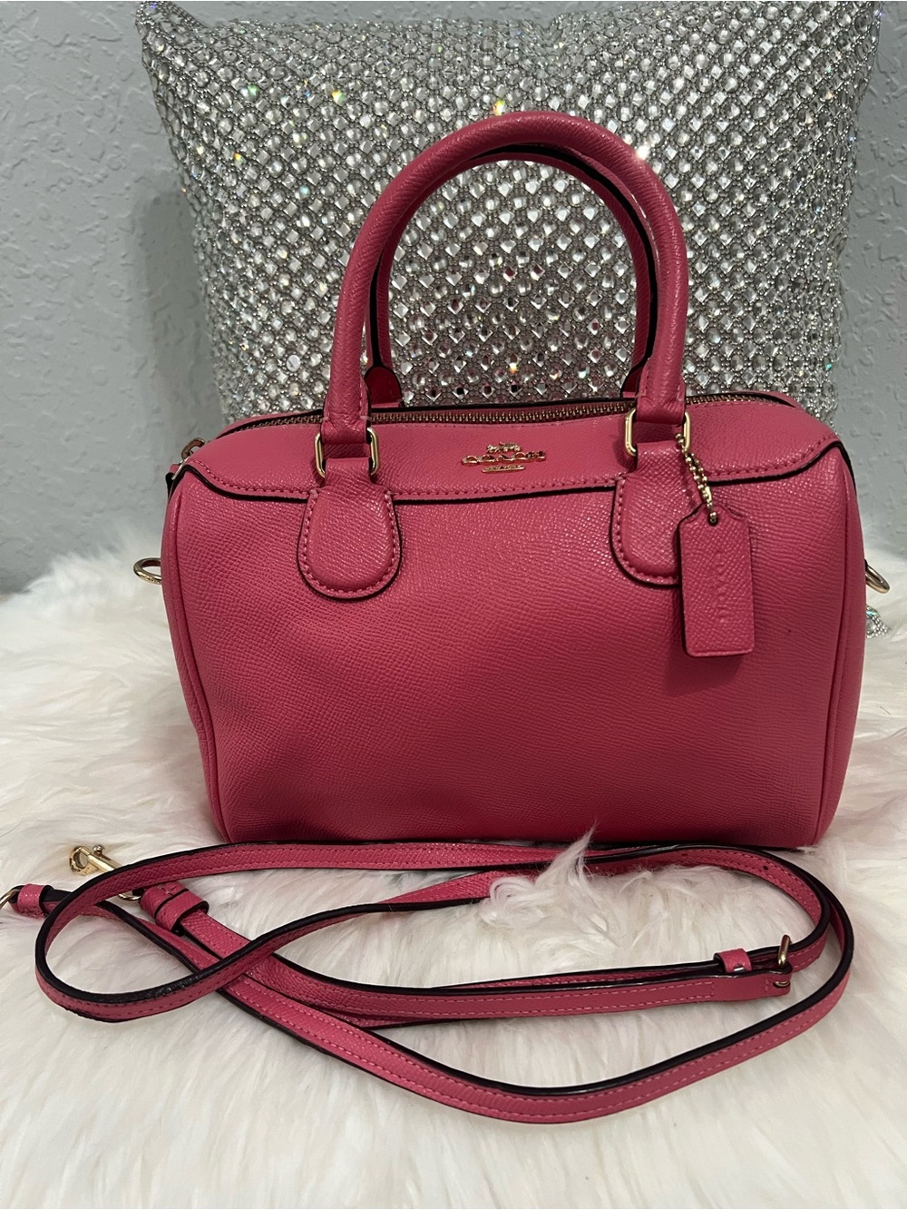 Coach Pink Pebbled Leather Mini Satchel with Crossbody Strap